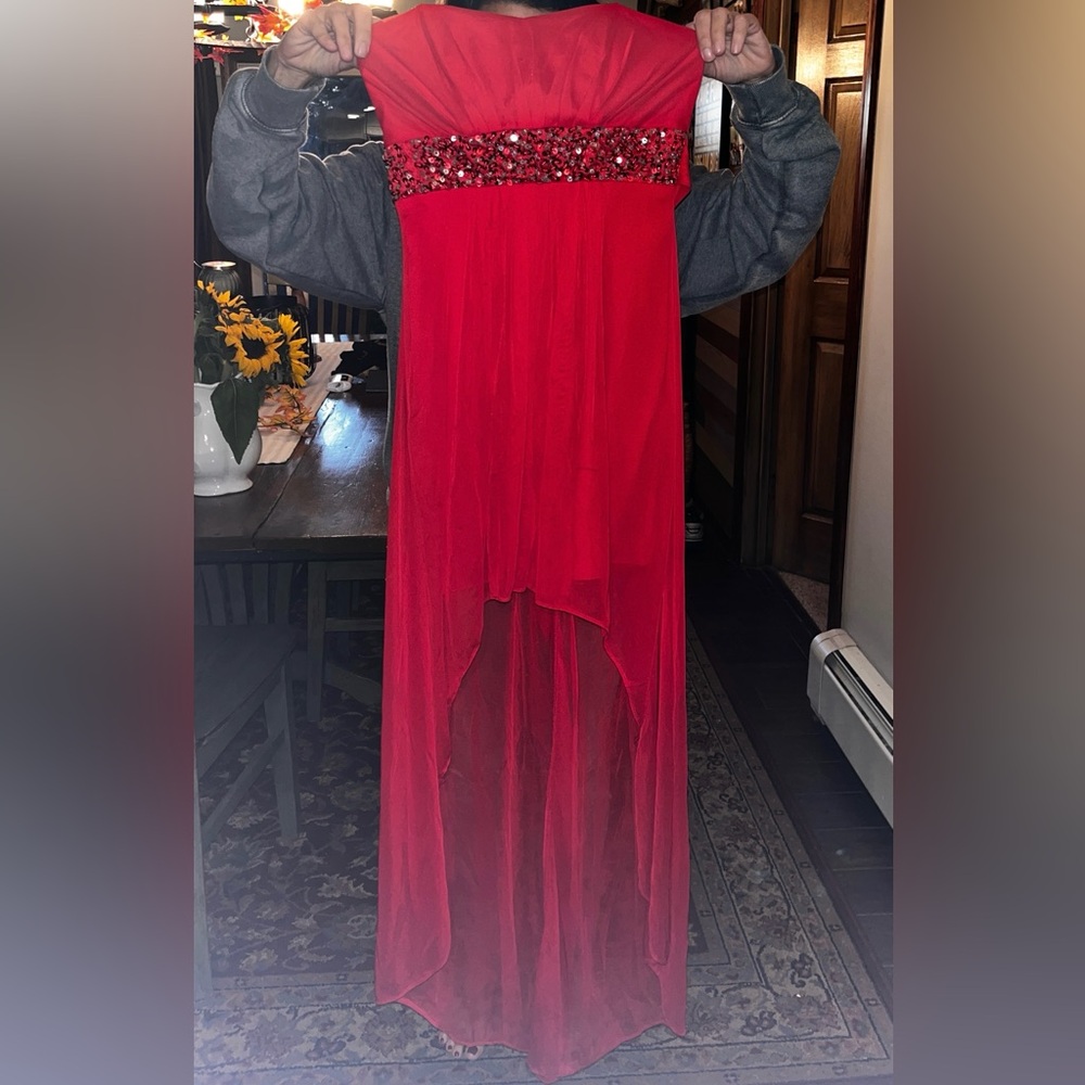 Red strapless dress
